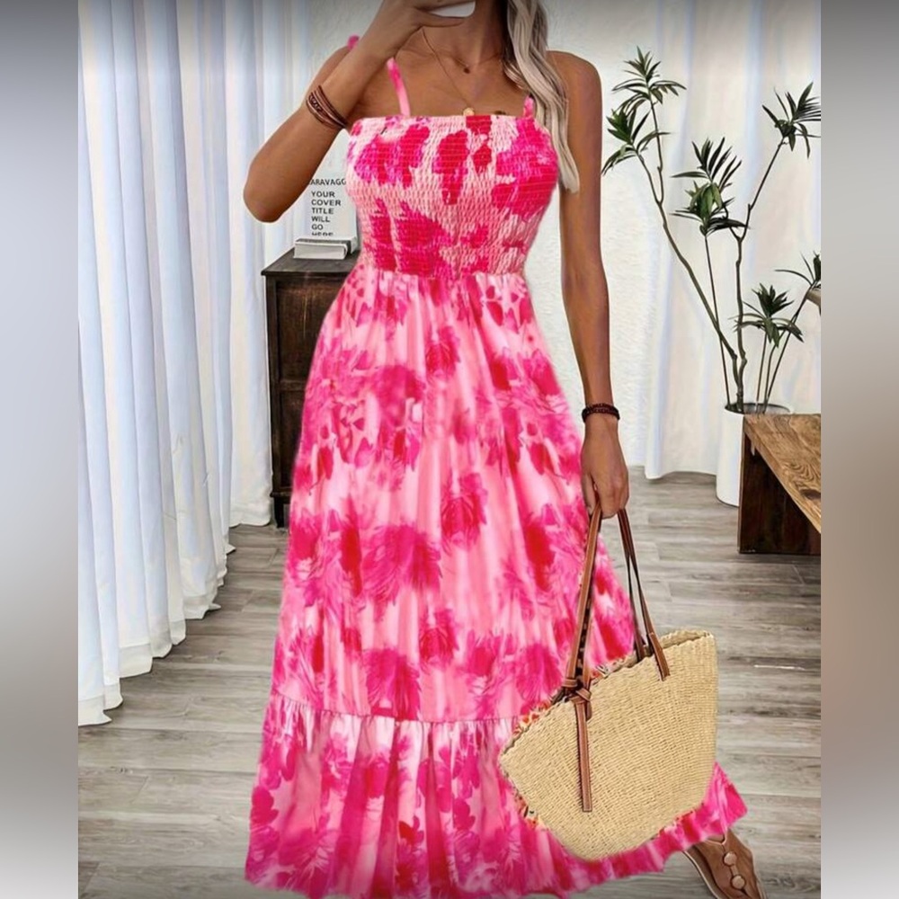 OFFERS OPEN! NWOT size 2 smocked dress Smocked Pink Floral Tie-Dye Maxi Dress